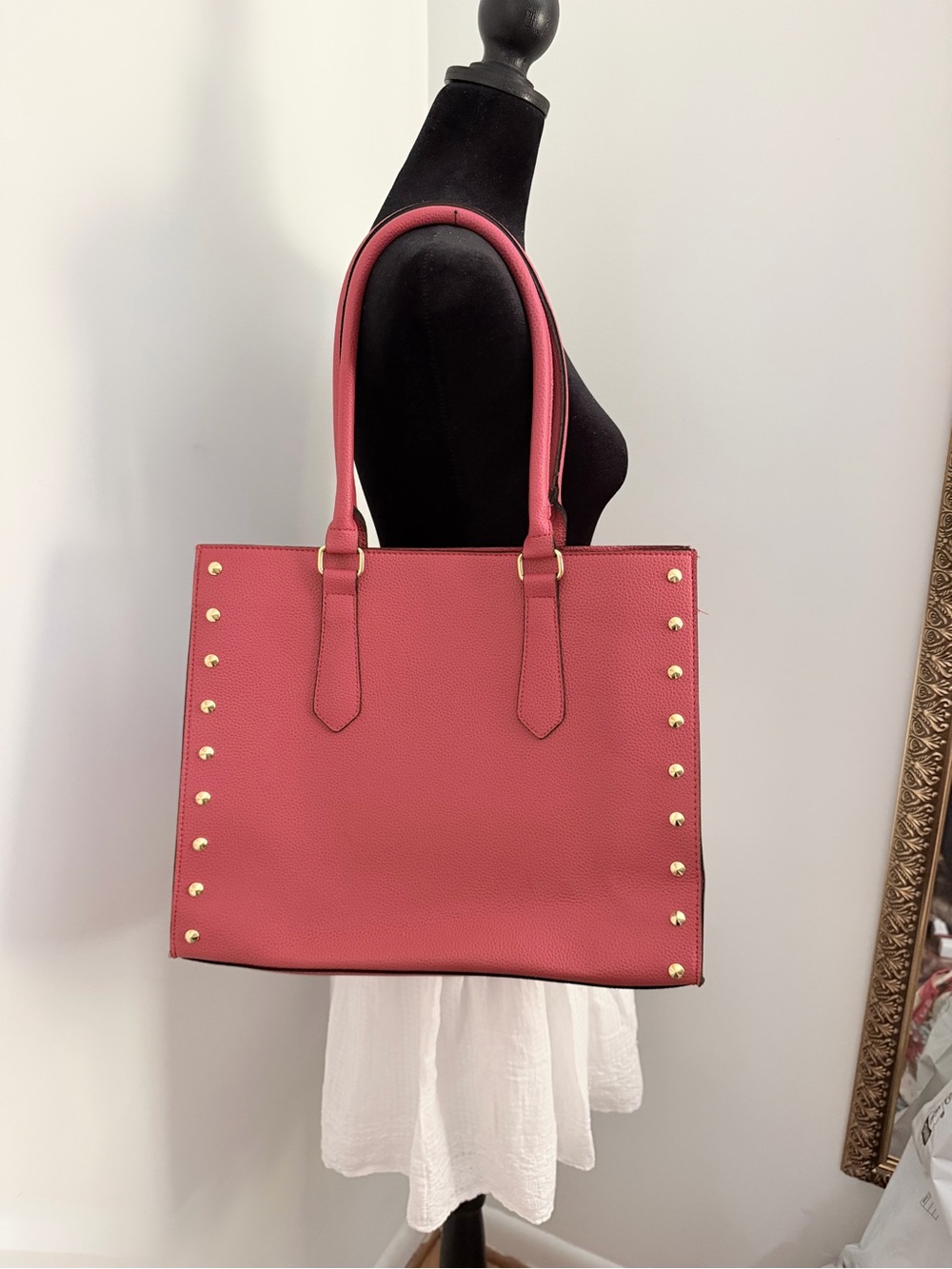 Stud-Accent Red Pebbled Tote Bag